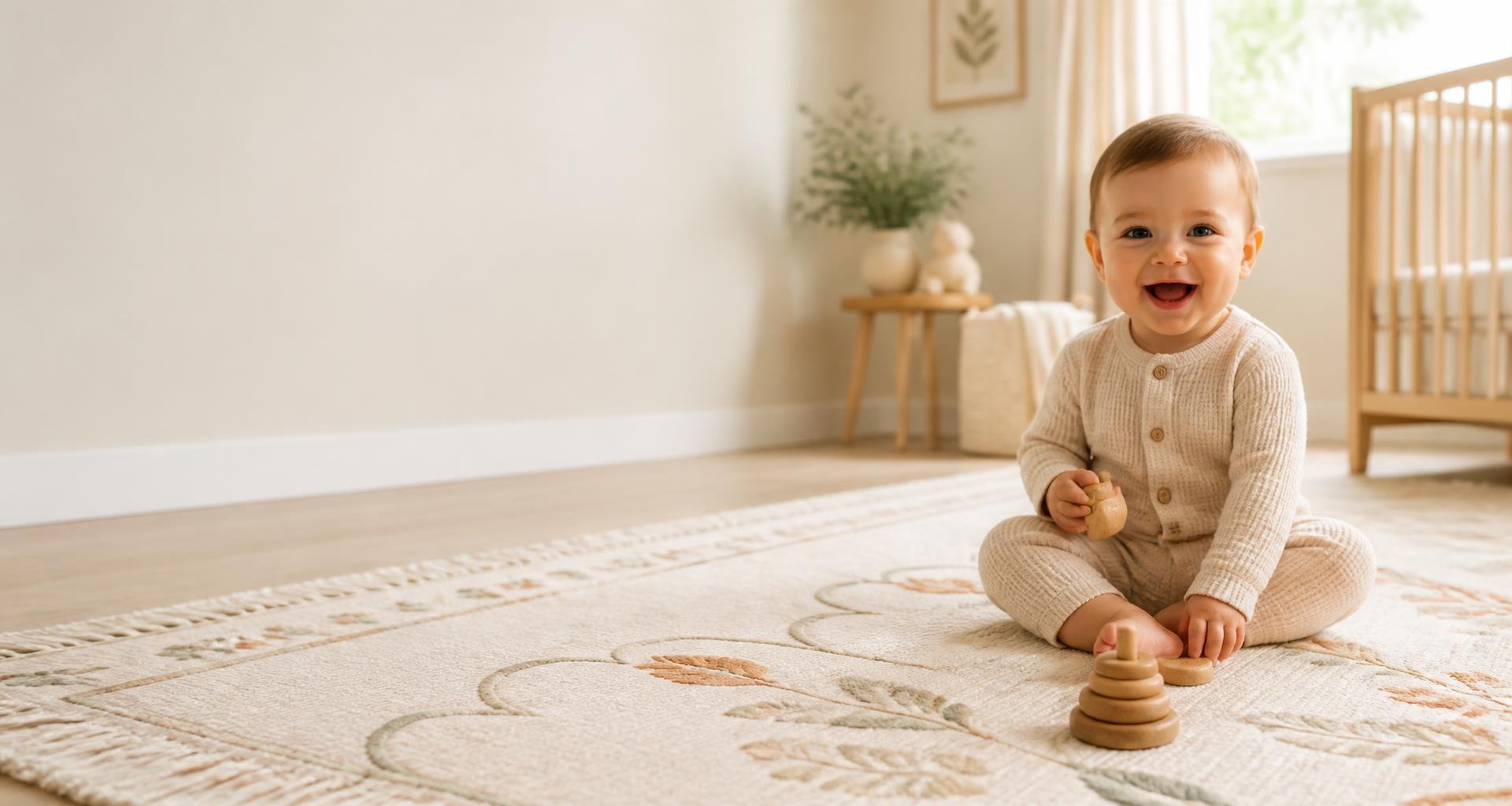 A smiling baby sitting on a cream Gatsby Baby rug in a bright, airy nursery