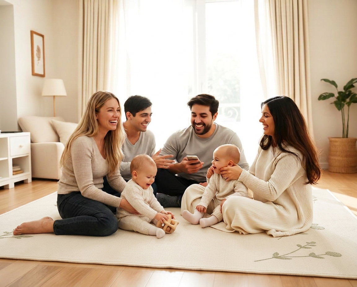 Two young families with two babies sitting together on the ivory Quiet Meadow rug with embroidered sage wildflowers, in a sunlit living room