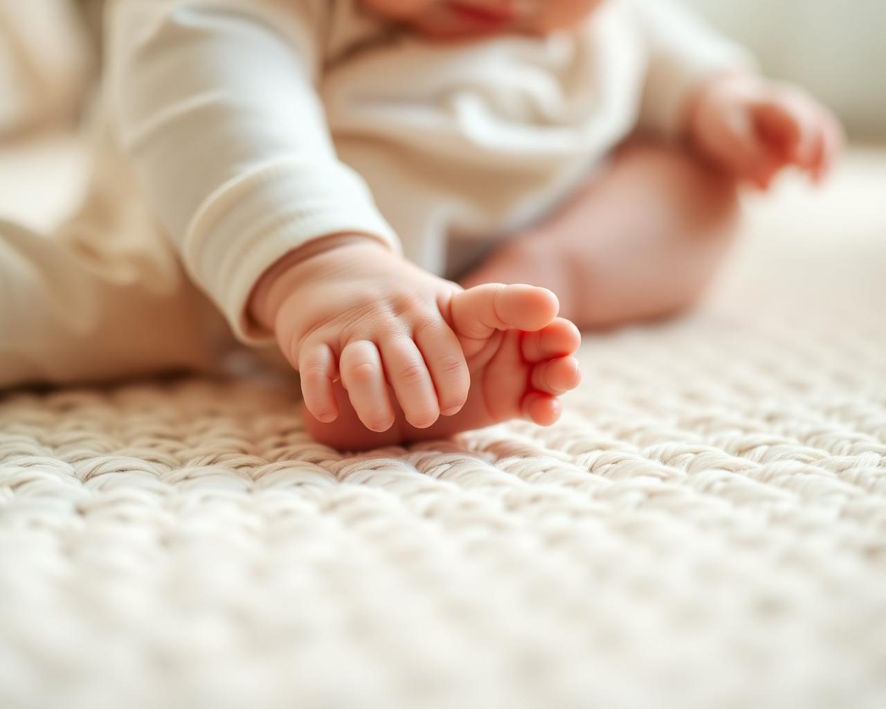 Close-up of a baby's hands and bare feet touching a soft woven cotton rug